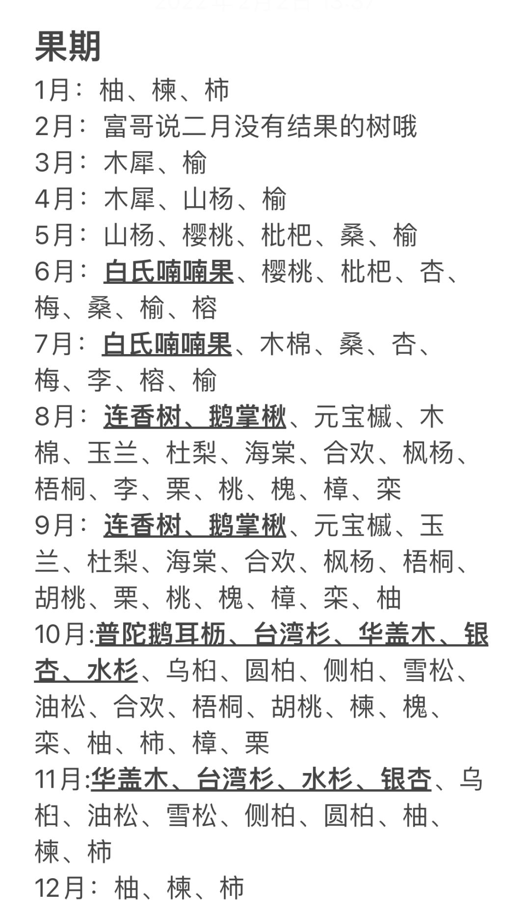 🌳果期总结 提供两种版本以供选择
已经退游很久啦，后期不会再有跟进修改补充了，感谢山友们的支持！有缘再见👋 2023.01.18
加入2月果期(其实啥也没有)2022.02.02
对1月果期进行了修正 2022.01.31
加入1月果期 2022.01.19
加入12月果期 2021.12.01
加入11月果期 2021.11.03
对10月果期进行了修正 2021.10.02
加入10月果期 2021.10.01
对9月果期进行了修正 2021.09.29
加入9月果期 2021.09.01
对8月果期进行补充，请更新至5.2.0版本
对8月果期进行了二次修正 2021.08.06
对8月果期进行了修正 2021.08.03
自己整理的图片形式，方便各位山友保存查看
注:特殊字体为SSR
资料来源
@顾少棠 @绉&潕 @艾钰
如有错误和补充请及时评论区call我😁截图