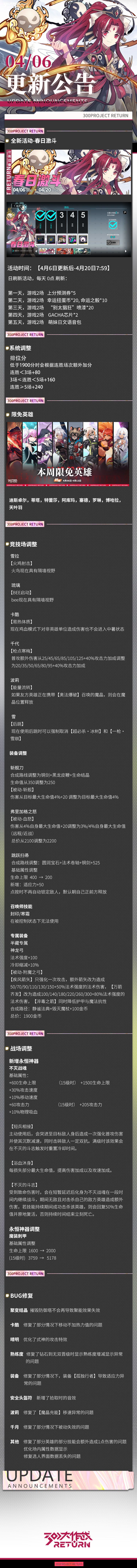亲爱的天启城冒险者们： 
奥莱科技预计于2023年4月6日06:00-11:00，对相关设施进行维护工作，届时天启城入口将关闭，您将无法登录游戏，请提前做好下线准备。 根据工作进度维护可能提前结束或推迟，请冒险者们互相转告！
以下为本次维护更新内容及近期修复/优化内容。 
冒险者俱乐部截图