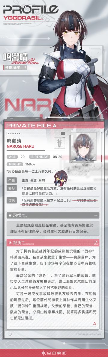 【文件记录】File_Haru_0820，世界树公司
【文件权限】私人文件，仅供所有者查阅
>>>资料调取中
今早遇到了准备带队外出执行任务的晴。
她佩戴着最爱的大口径手枪，右臂装备强大而灵活的特种作战生化义肢，正沉稳指挥着新兵们。
我们都习惯了她以这幅稳重可靠的模样出现在战场上。
即便距那个让她失去右手的“突发事件”只过了一年。
大多数时候大家不会刻意询问她手臂的事情，正如她父亲的“意外事故”一