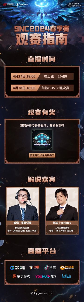 SNC2024春季赛决赛将于本周末正式打响！
 4月27日-4月28日每天18:00起，前往官方以及二台直播间，一同见证新一届冠军诞生吧！参与弹幕互动还有机会获得【影之英杰 卡包兑换券*3】！
官方直播间：
二台直播间：
#影之诗# #SNC2024#