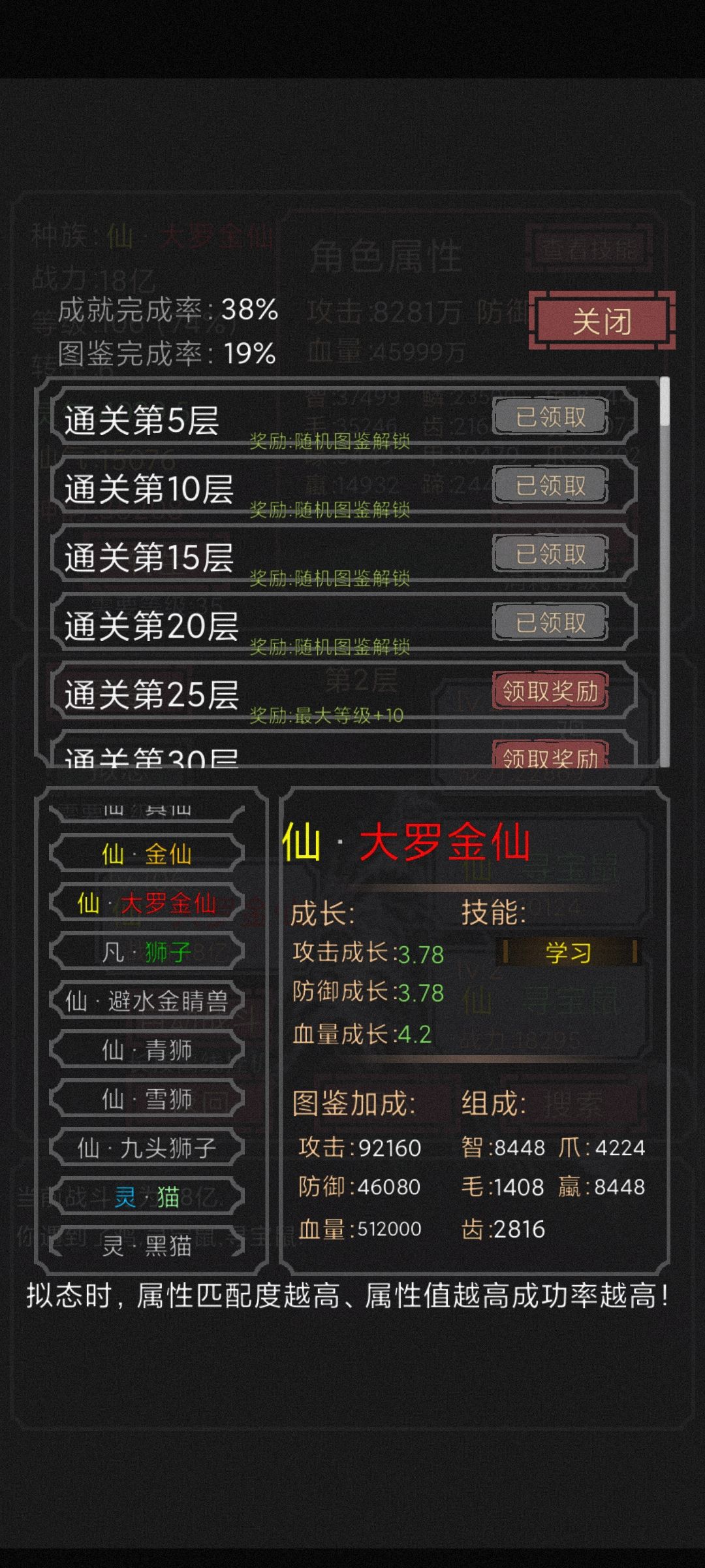 大罗金仙的组成属性要求，没有达标的就选不出来。尤其是嬴要8448最难，要一直打人才有。


另外仙要三項里面最高的，你就可以直接合成大罗金仙。截图
