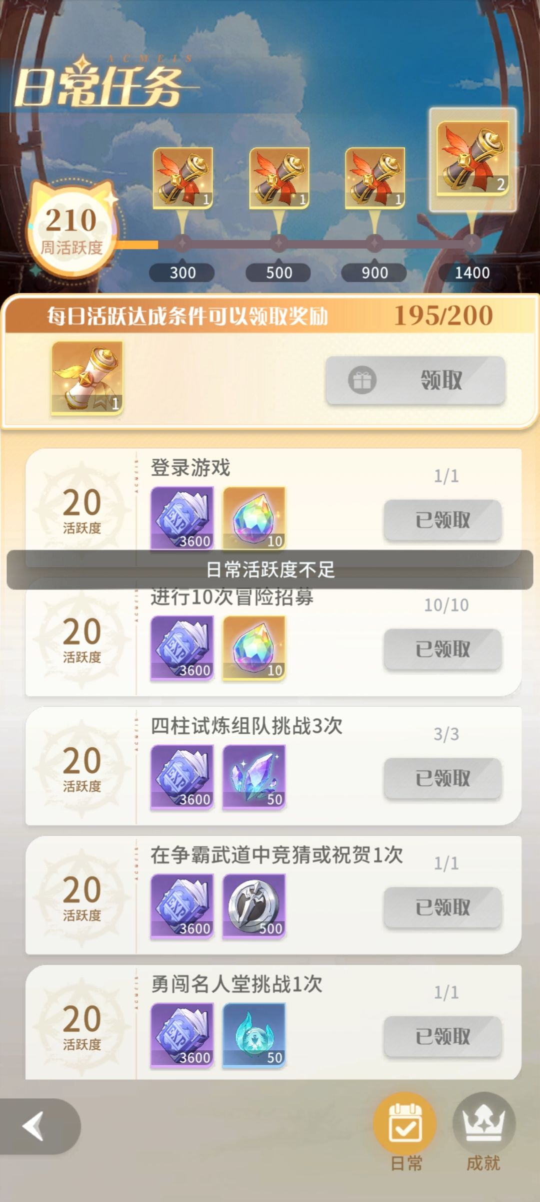 日常全部完成提示活跃不够,第一次见 1
