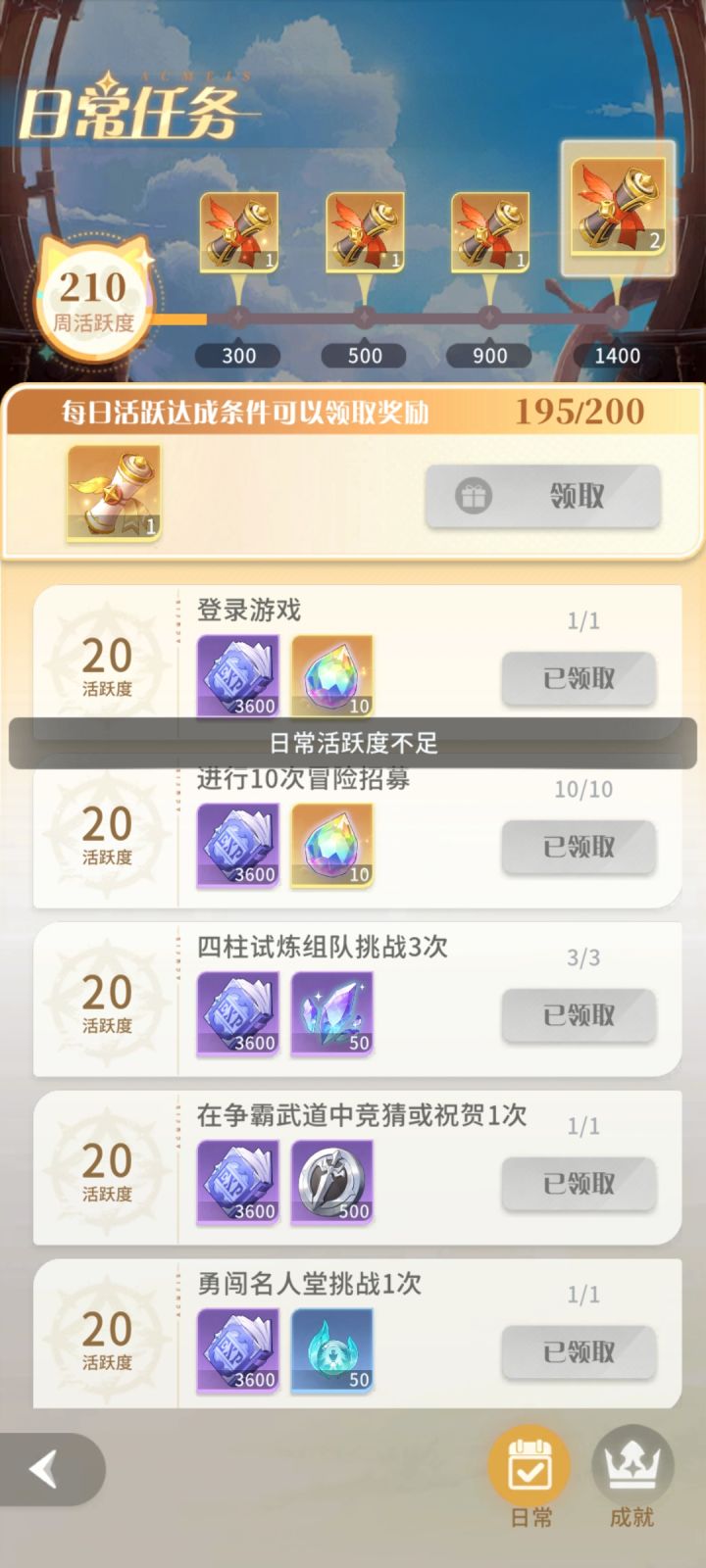 日常全部完成提示活跃不够,第一次见截图