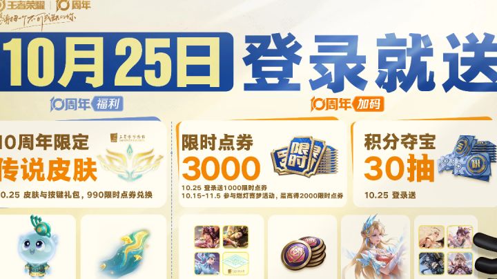 【王者十周年】限时点券、传说皮肤免费领!10.25庆典不容错过截图
