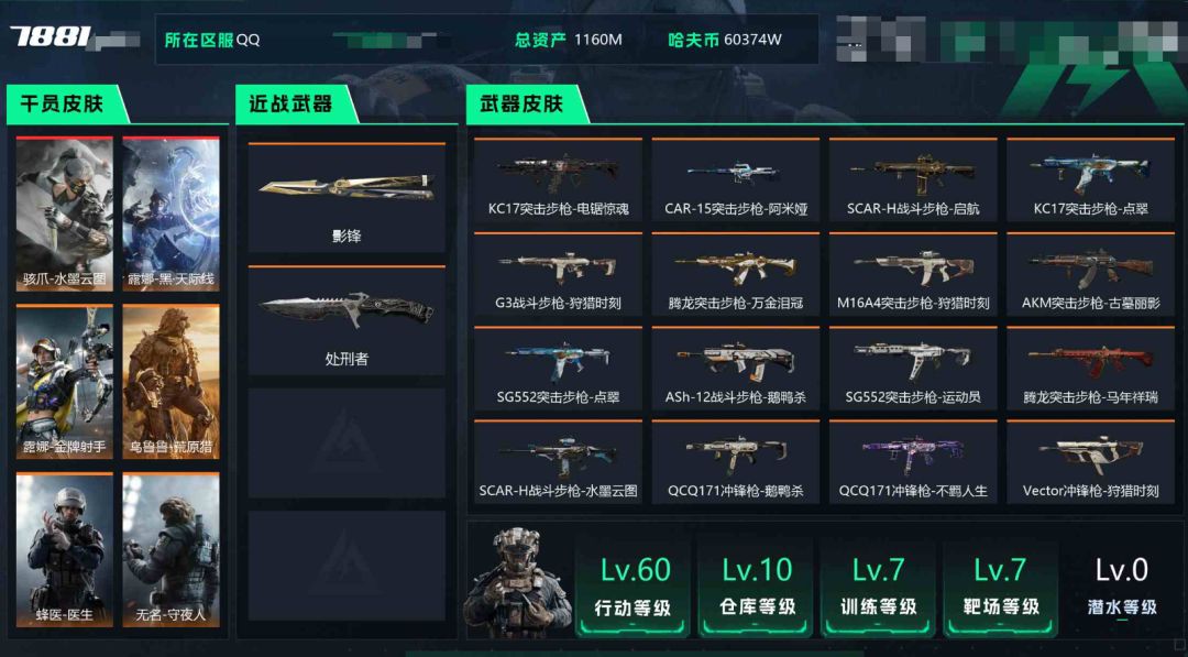 总资产:1160M 哈夫币:60374W 7