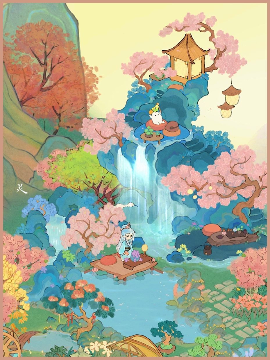 “水云溪畔乐逍遥,禅音静坐忘思虑。” 2