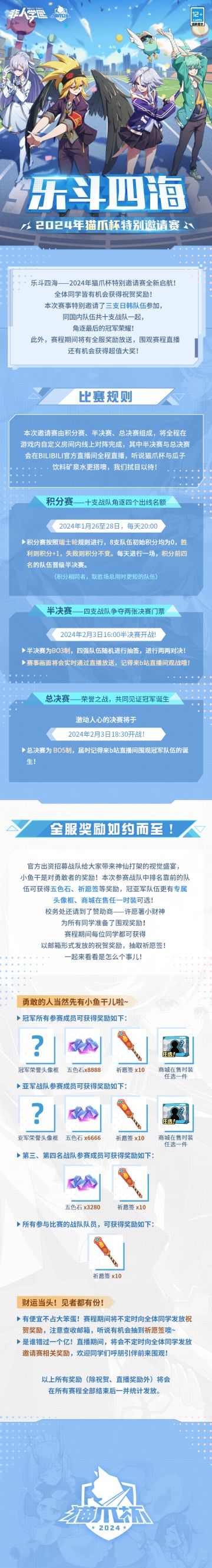 #非人学园##S23：纪元之前#
距离拦不住对游戏的热爱，低温挥不散竞技场的激情！
乐斗四海——2024猫爪杯特别邀请赛即将盛大开幕！
还是熟悉的比赛——
本次猫爪杯赛程共分为积分赛、半决赛、总决赛三个阶段，
首轮积分赛将于1月26日拉开帷幕。
但是不同的配方——
特邀三支日韩队伍参赛，加入严酷瑞士轮考验！
全服奖励如约而至！赛程期间小财神会不定时给全体同学发放奖励！
猫爪杯的热情消融冬日的寒冷，