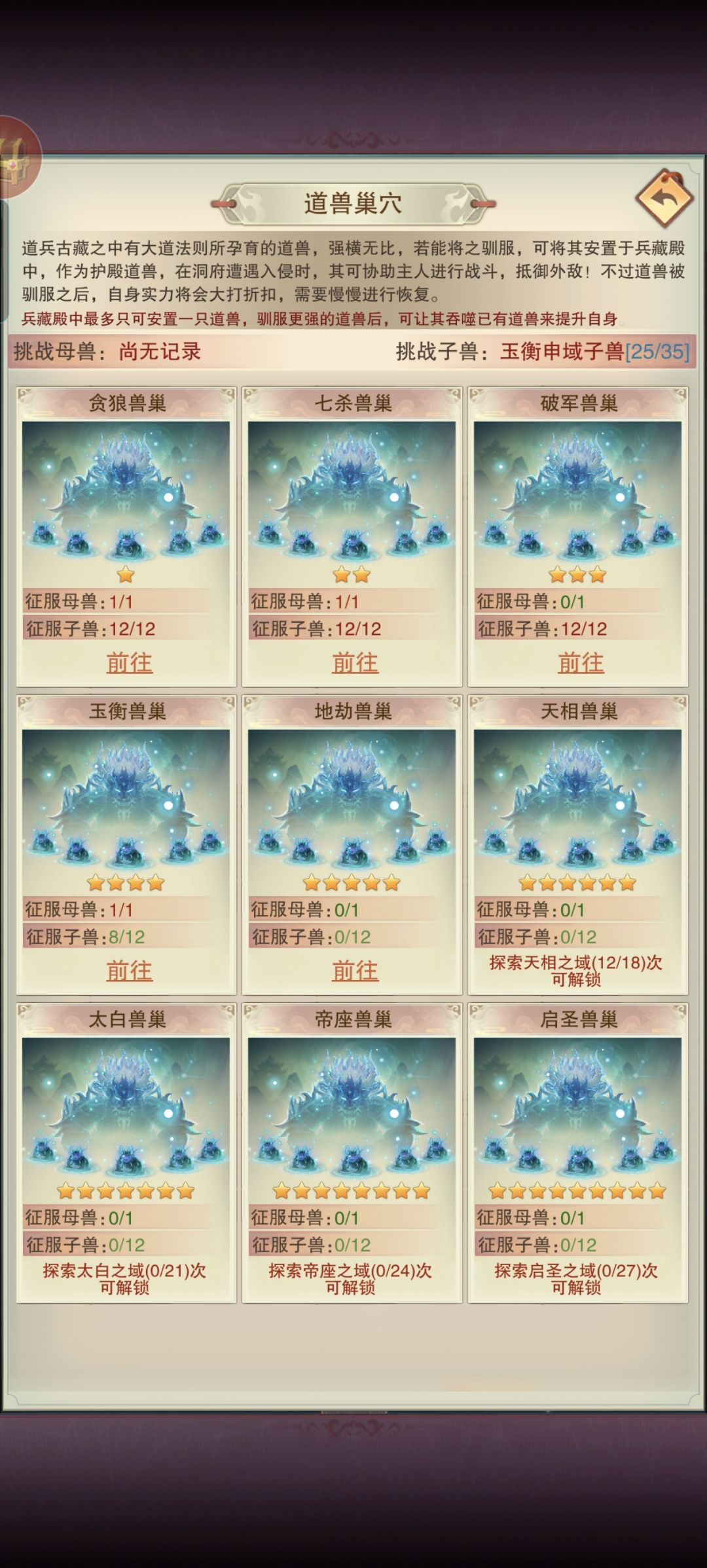 这个巢穴需要每个子兽和母兽都要挑战吗 1