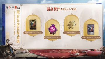 【周年庆限时充值返利活动】将于3月28日维护后-4月17日23:59上线。访客们在活动期间期间充值回声即可获得包含周年庆精华、稀世时装体验卡、奇珍时装体验卡等在内的奖励。
各档位奖励与去年一致，最高可累计获得【周年庆精华】×37、稀世时装体验卡×7天、线索×1050和奇珍时装体验卡×7天。
#第五人格六周年##第五人格#