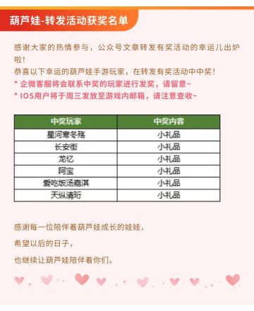 【葫芦娃】转发有奖活动中奖名单