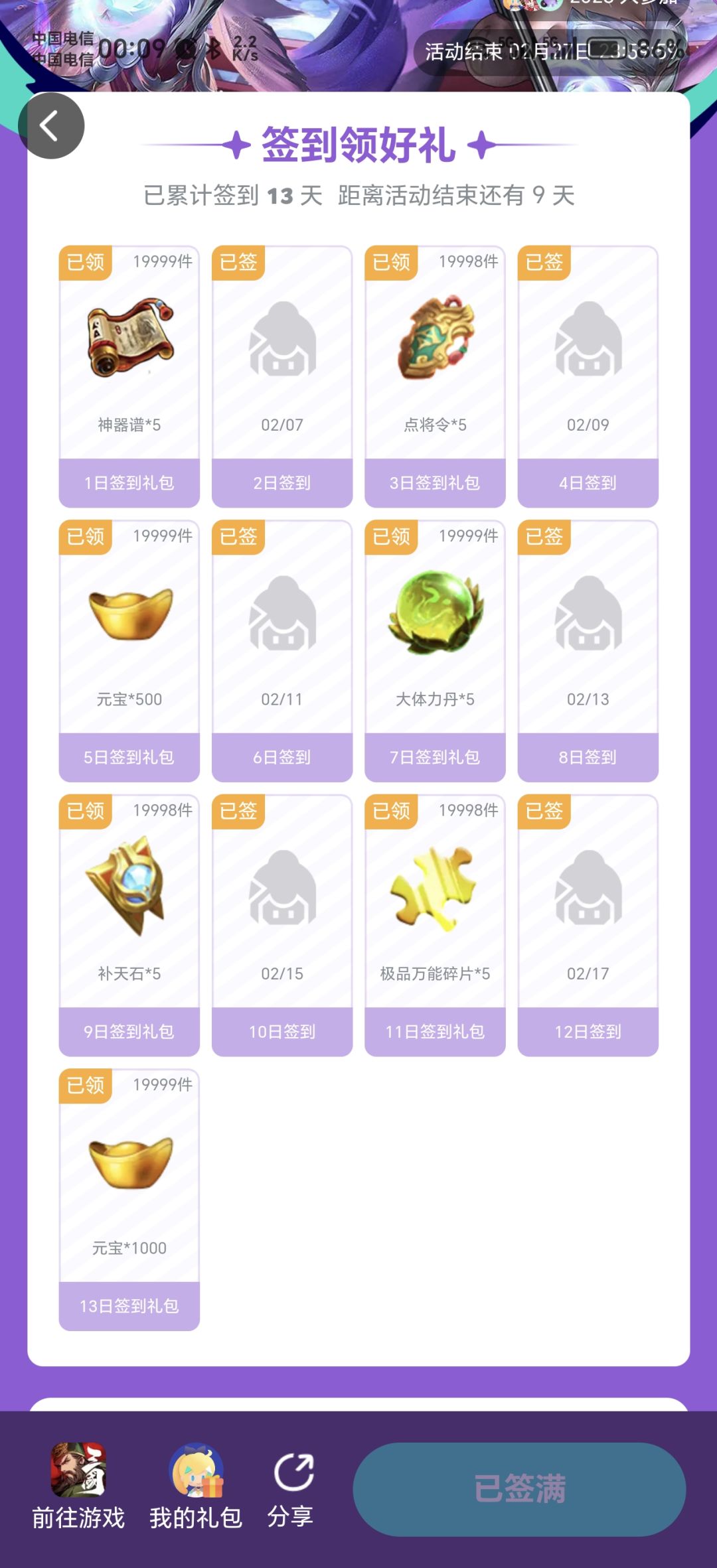 签到13天礼包有BUG了么,没法兑换 1