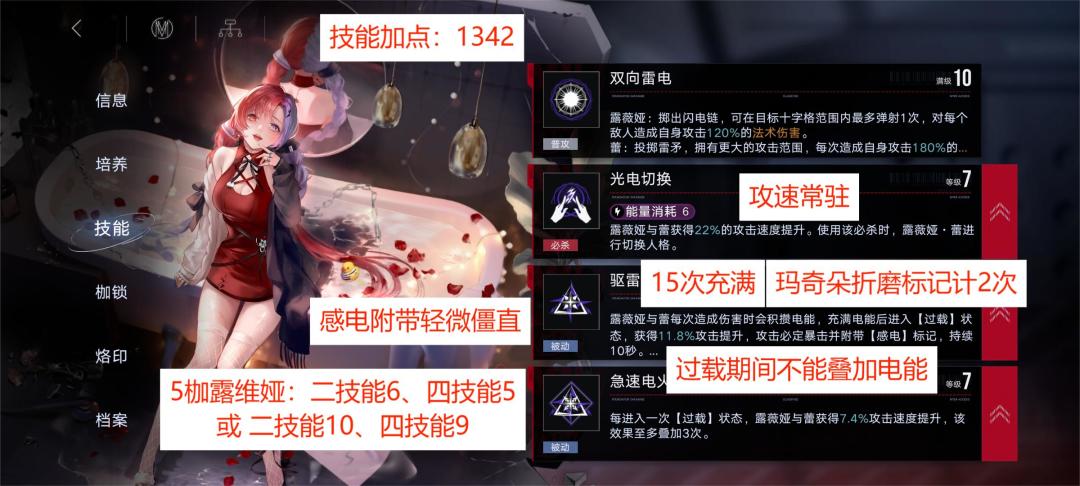 新人向攻略翻新，图文版
露维娅蕾
烙印：
前期新城梦想
破碎、公会战：
1.独舞
2.缚命之枷
3.混沌之拥
专属烙印：
优先开，一级即可
重要枷锁：34
技能加点：1342
露维娅攻速技能加点推荐
0枷露维娅，二技能6、四技能7(14帧)或 二技能10、四技能10(13帧)
1枷露维娅，二技能5、四技能5(14帧)或 二技能8、四技能9(13帧)
3枷露维娅，二技能5、四技能5(14帧)或 二技截图
