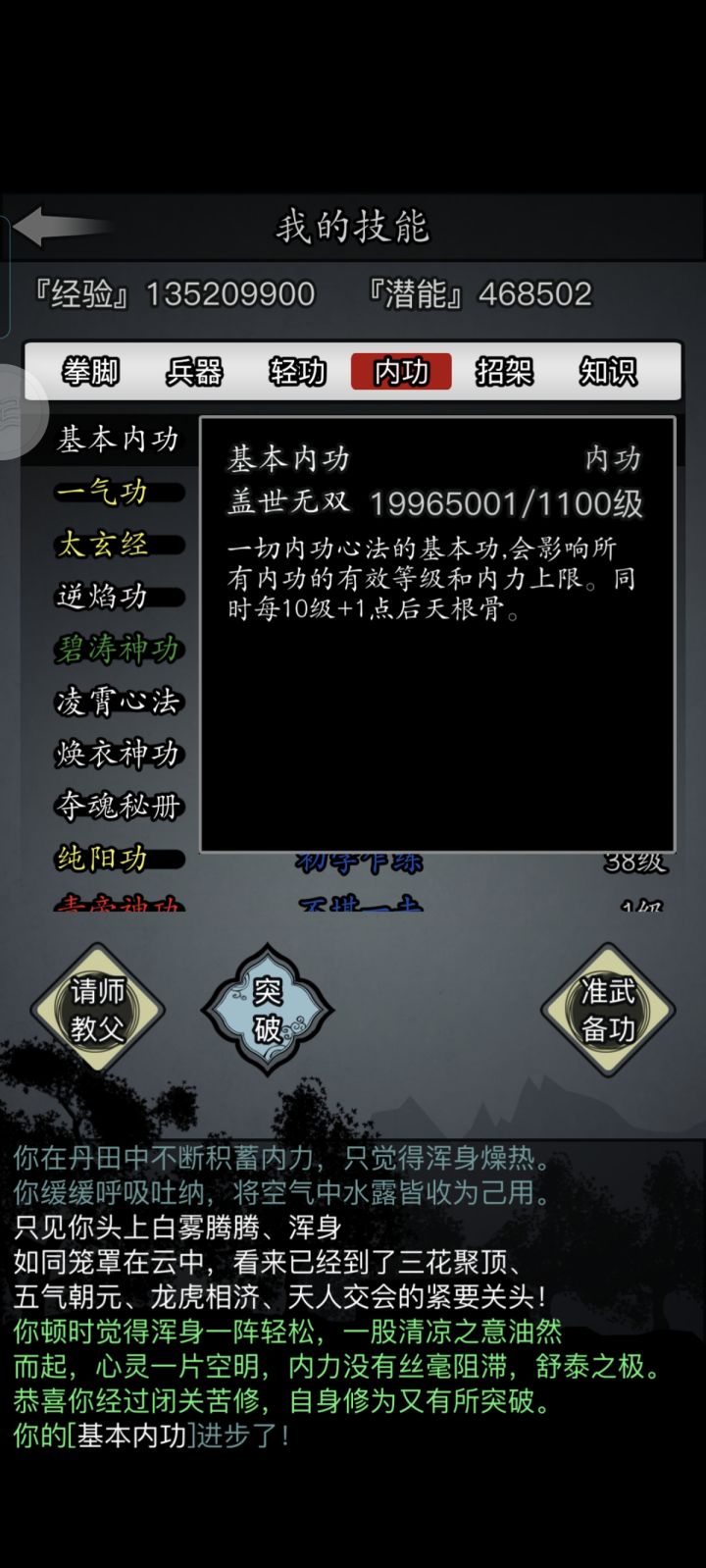 一气和内功1100了,大成功截图