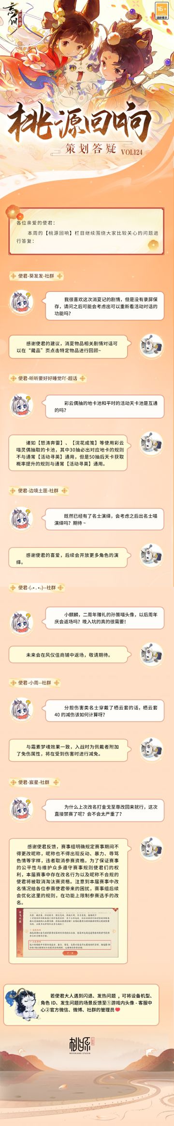 【#桃源回响# 策划答疑Vol.124】
在盛夏余温中，#第七届金戈至尊# 积分赛正进行得如火如荼，使君大人可要抓紧时间获取更多积分哦~比赛之余，一起看看本周策划答疑吧~
消夏物品剧情回顾、彩云喵卡池规则相关、角色演绎、孙策喵头像返场……使君们关心的问题，都在答疑里。
美好忘川桃源，与君共筑！欢迎使君大人在评论区留下问题和优化建议，小麒麟会及时收集反馈。
☆立即下载游戏：http://t.cn/A