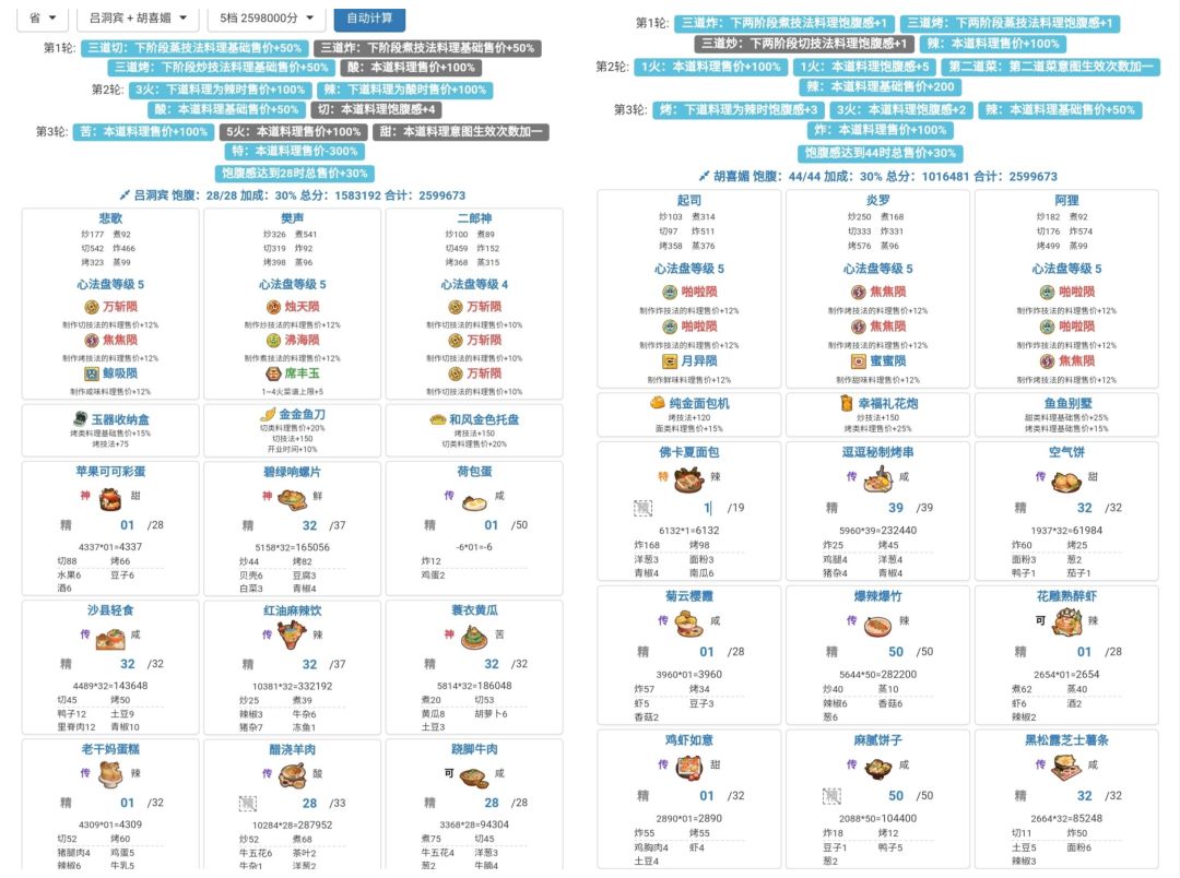 自用风云宴省食材方案。 2