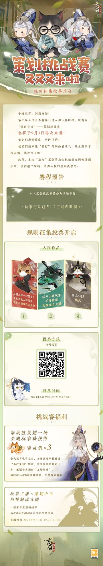 【策划挑战赛 规则征集投票开启】
“敌人”并肩作战？阵容返璞归真？全新6进5模式？好好好，又是为使君脑洞叹服的一天。
经广泛征集，三条热度最高的规则成功入围投票评选阶段，使君大人快扫描下图中二维码，为心动的规则投票吧~
听说策划们已然摩拳擦掌，严阵以待，不知与身经百战的各赛区冠军交手，会呈现怎样扣人心弦的战斗呢？敬请期待嗷！
☆立即下载游戏：http://t.cn/A6ozcNbr
☆加入官方社群