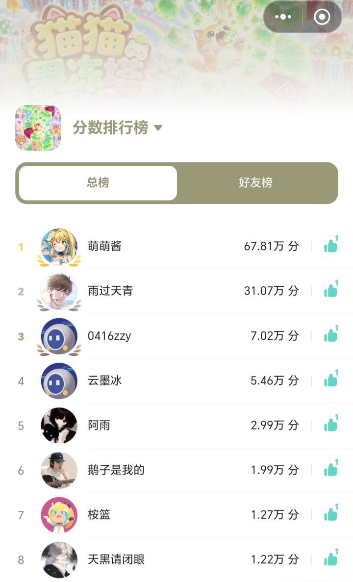 《猫猫果冻塔》已支持官方排行榜啦!截图