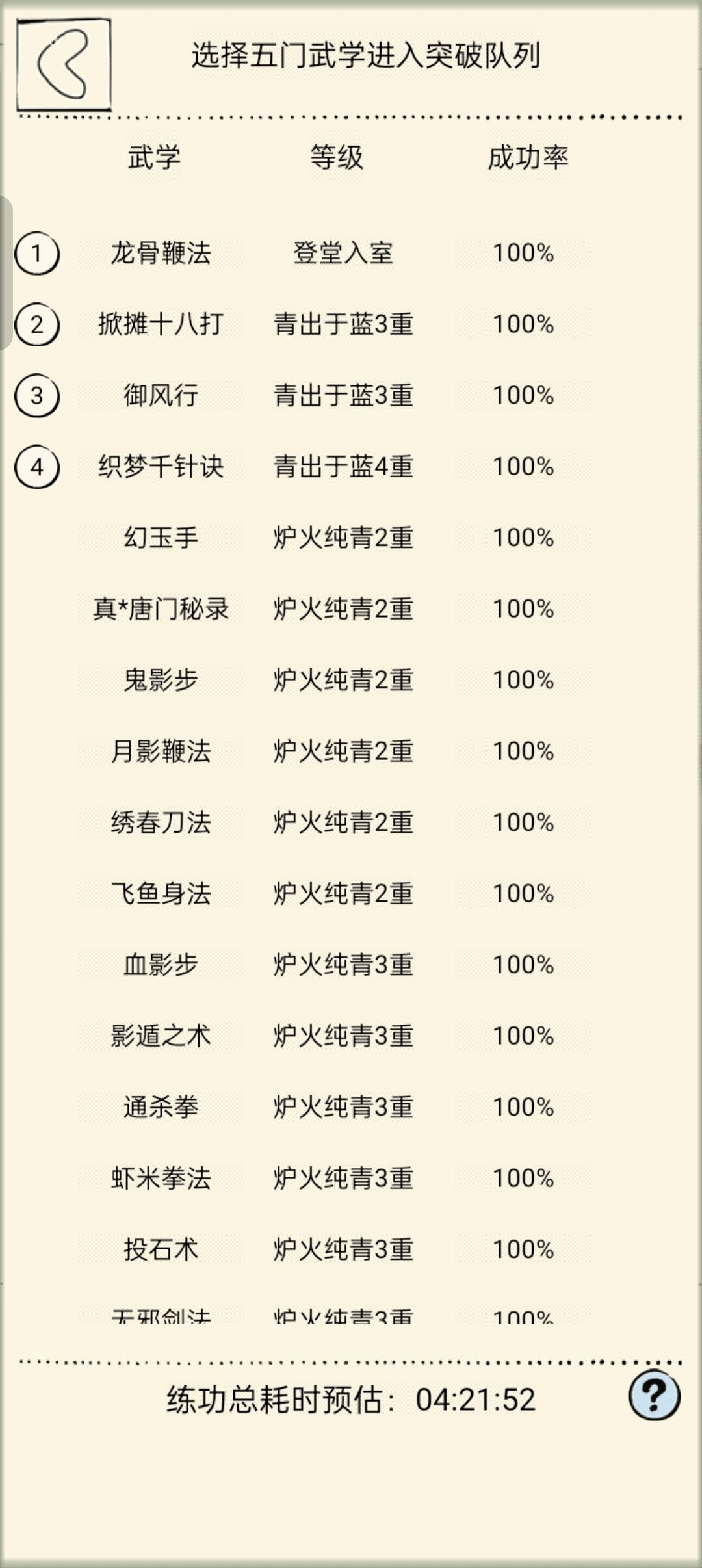 一周左右拿到了白蟒鞭法和绣花针法 1