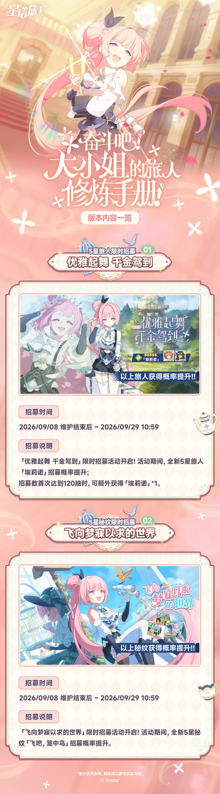 ✧「奋斗吧！大小姐的旅人修炼手册！」版本内容一览
尊敬的魔王大人，
欢迎归来！
向往自由的那位大小姐，在前辈的指引与闺蜜们的帮助下，瞒着家人继续追梦；而就在梦想即将启航之际，一场突如其来的失踪事件，让她不得不鼓起勇气、挺身而出……
全新五星旅人「埃莉诺」、五星秘纹「飞吧，笼中鸟」，缇莉娅全新3D战斗形象「光彩闪亮，斗志昂扬」，全新限时活动、限时玩法等内容将在「奋斗吧！大小姐的旅人修炼手册！」限时活截图
