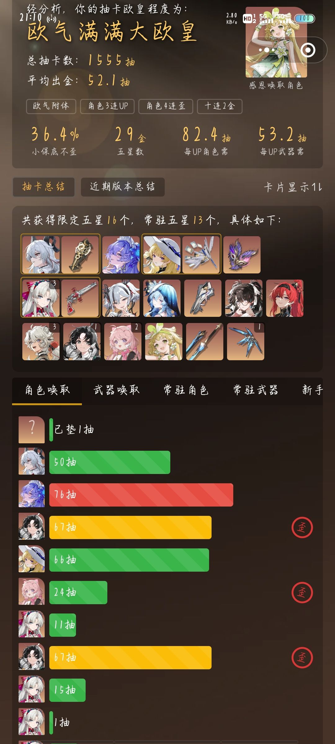 98抽0+1，赞妮毕业面板显示。 2