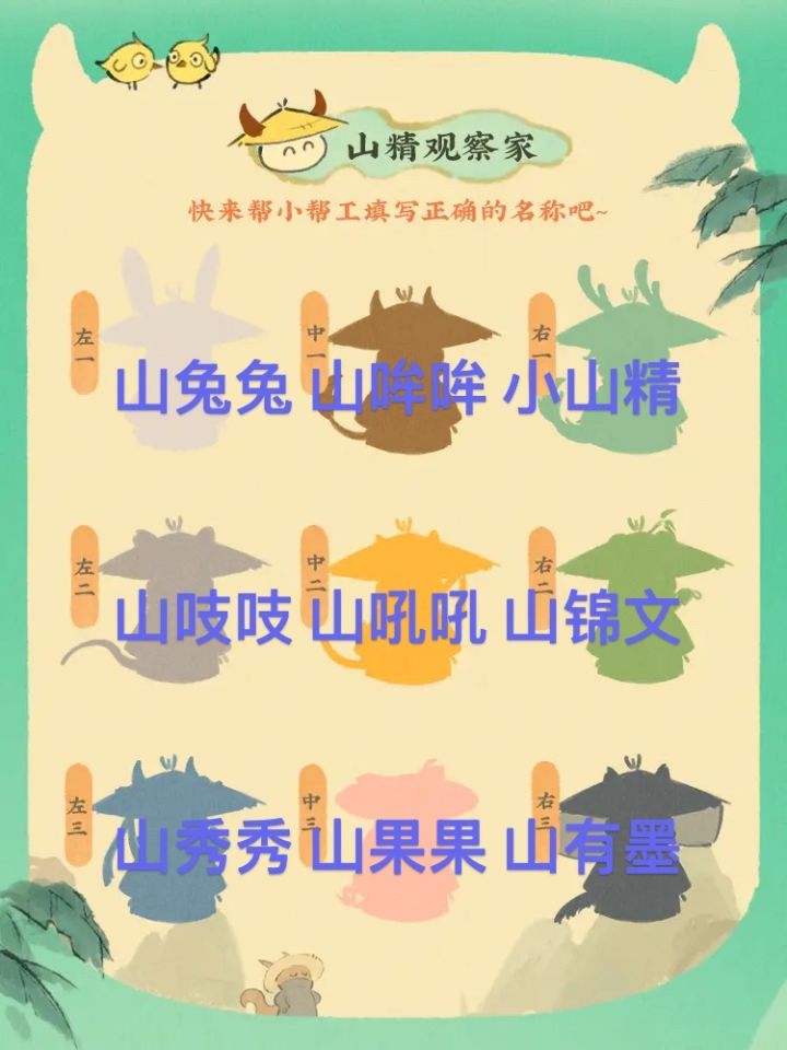 id197370
左一是山兔兔，中一是山哞哞，右一是小山精 
左二是山吱吱，中二是山吼吼，右二是山锦文 
左三是山秀秀，中三是山果果，右三是山有墨 
#山精观察家截图
