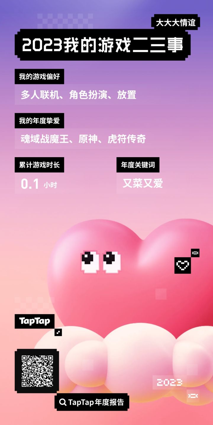 请查收,你的2023年TapTap年度报告
https://www.taptap.cn/poster/NDU4d2VwLQzf?share_id=3c3c4319bbcf&utm_medium=share&utm_source=copylink&utm_content=aid201#我的2023游戏年度报告#游戏福利#游戏安利截图