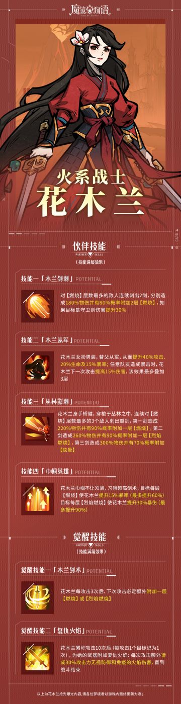游戏资讯 | 火系伙伴『花木兰』技能一览