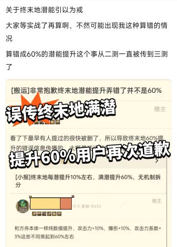 误传终末地满潜提升60%用户再次道歉