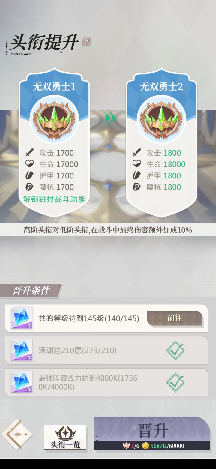 头衔进阶,新增战斗跳过功能截图