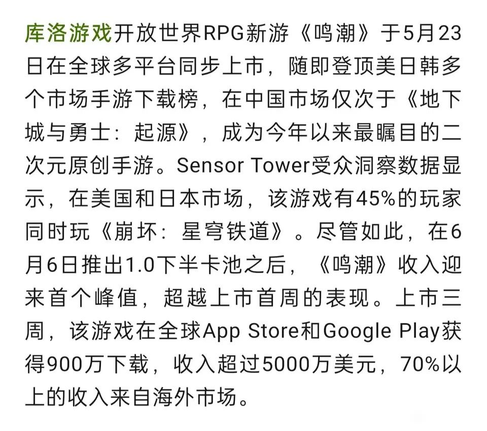 鸣潮全球收入超过5000万美元截图