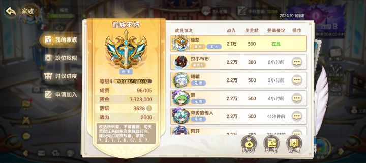 四级家族“龙族不朽”收活跃成员截图