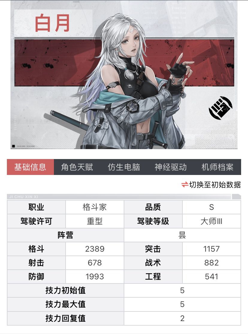 开局SSR卡4选1该如何选
钢岚马上4测了，开局ssr卡4选1该如何选择呢，我首推白月，白月虽然满潜格斗白值不是最高的但也有2389接近ssr卡及格线但是她的技能实在是太好了，退敌之芒，又有击退又是位移还带控制，是功能性角色而且技能学的早，大大降低了开荒难度一个击退往往能打破敌人的援护防守很实用，而且重甲格斗天生有生存优势。第二我推芙烈达，首先她是现在卡池里突击白值最高的角色满潜竟然达到了2487截图