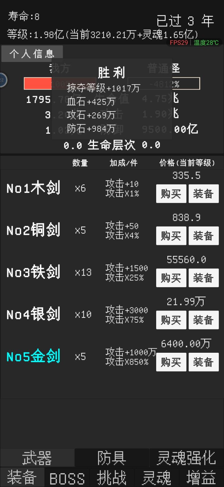 原来武器和防具需要装背上才能生效，可以重复购买的设定让我忽略了需要穿上才能生效。一直以为装备加成低买了没多大提升。。。截图