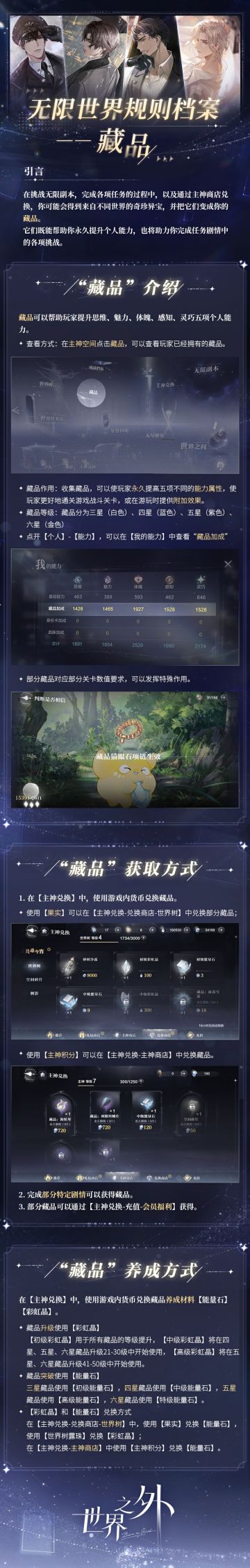 ◆无限世界规则档案◆
在挑战无限副本，完成各项任务的过程中，以及通过主神商店兑换，你可能会得到来自不同世界的奇珍异宝，并把它们变成你的藏品。
它们既能帮助你永久提升个人能力，也将助力你完成任务剧情中的各项挑战。
»»»世界信息接入 · 藏品«««
⭐​藏品作用：收集藏品，可以帮助玩家提升思维、魅力、体魄、感知、灵巧五项个人能力。
⭐藏品获取：玩家可通过主神兑换、特定剧情、会员福利等多个渠道获取各类
