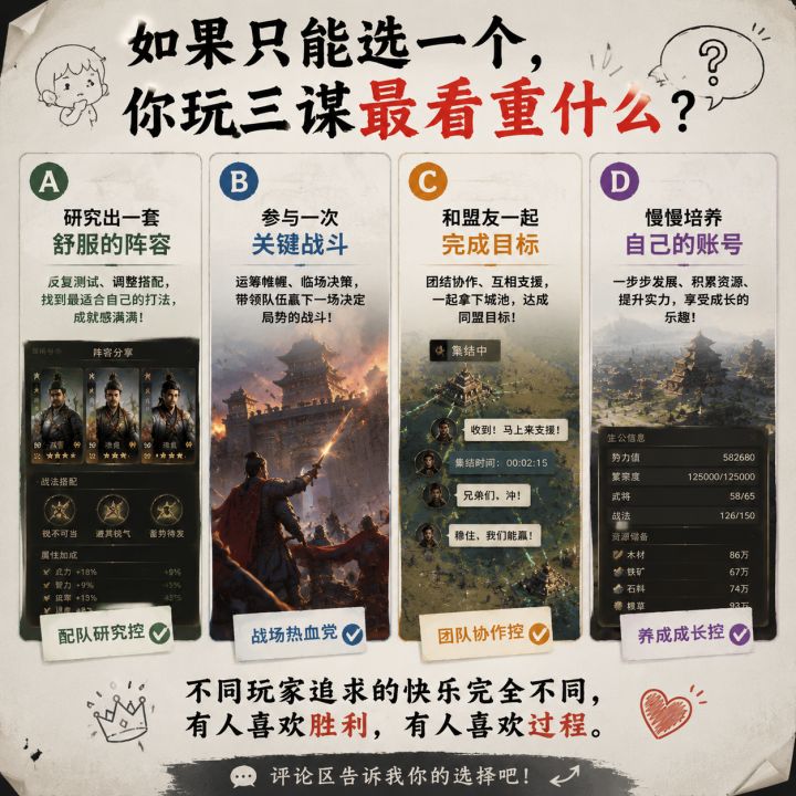 如果只能选一个,你玩三谋最看重什么?截图