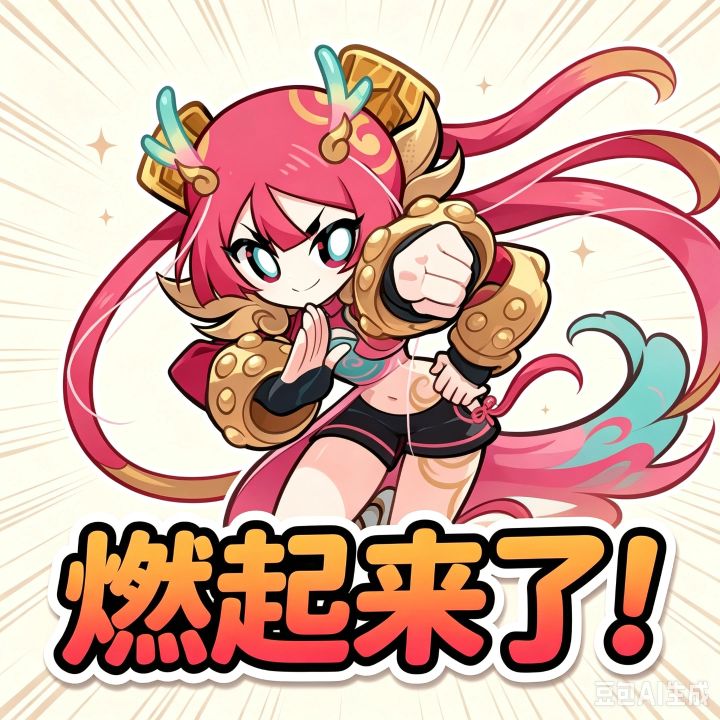 #菜市街表情包大赏
【神明表情包创作大赛参赛】
角色:赤珑
主题:燃起来了!
功夫电波龙赤珑热血登场!摆出功夫架势,干劲直接拉满✨#互赞
漫画放射背景搭配醒目大字,适合聊天打气、开冲时刻使用,完美展现赤珑斗志满满的名场面!截图