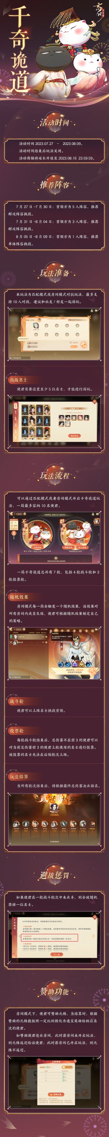 【活动预告·千奇诡道】
应对随机效果，制定战术策略，千奇诡道即将上线！该玩法分为匹配模式与房间模式，一局最多容纳10名使君，使君可邀请社友或好友一起游玩~
限时活动·「千奇诡道」将于【2023年7月27日-2023年8月9日】开启，呼朋引伴群贤相会！
☆立即下载游戏：https://dream.163.com/
☆加入官方社群，交流剑诀万邦攻略，赢取专属社群福利：
☆官方社群： 650476650