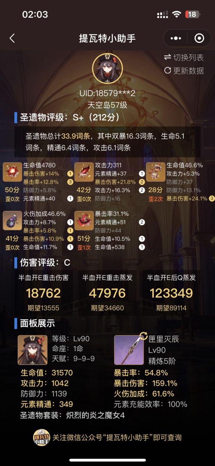 新培养的胡桃，为什么伤害评级才C呢？同圣遗物分的其他角色都是ACE
魔女基本是靠合成出的，没怎么刷火本截图