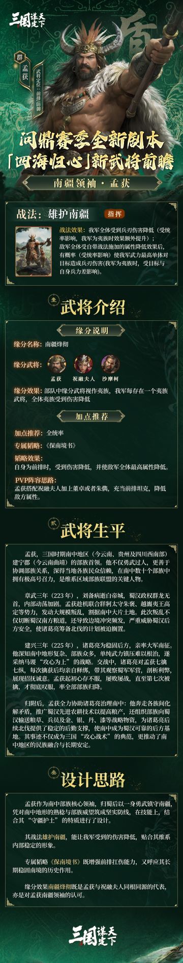 ​#三国谋定天下 #三谋1115新剧本四海归心 #SLG 
问鼎赛季全新剧本「四海归心」新武将前瞻丨南疆领袖·孟获

今天乔妹为大家揭晓的是问鼎赛季全新剧本「四海归心」全新武将——「南疆领袖·孟获」

▼以下为全新武将的详细信息