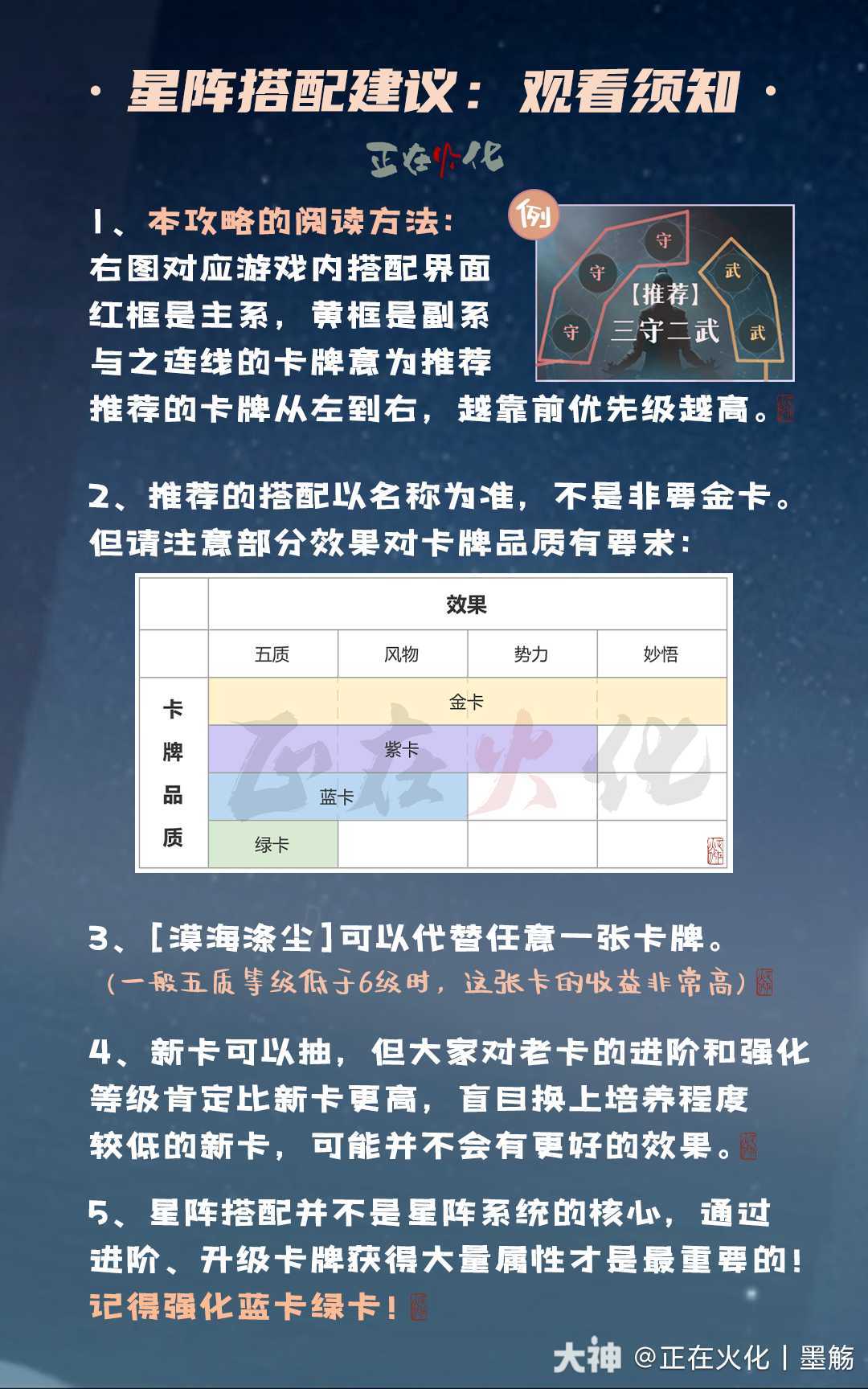 给大家补档最新一期的星阵搭配攻略（7.0版本）！
花朝节限定卡牌又返场了，这次依然是限时卡池，需要的小伙伴不要错过了哟
——转载于正在火化截图