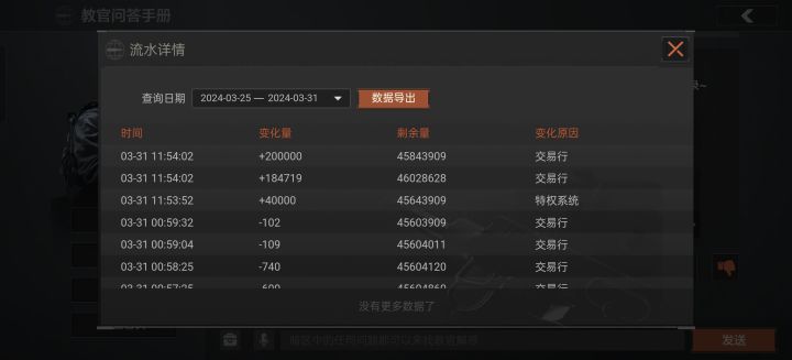有谁能看懂,我加20万,为什么余额反倒变少了?这是什么系统,NB了啊。
今天上线 去邮件收取昨晚卖东西到市场的钱,结果点了领取之后没有听到音效,邮件里的两沓钱也没到仓库里,只有一沓会员每日的4万。
查科恩币明细一看,加20万余额反倒还变少了。截图
