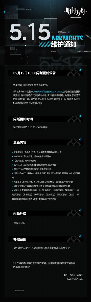[明日方舟]05月15日16:00闪断更新公告 感谢您对《明日方舟》的关注与支持。《明日方舟》计划将于2025年05月15日16:00 ~ 16:10期间进行服务器闪断更新。届时将造成玩家强制掉线，无法登录等问题。为确保您的游戏内账号数据正常，请在本次闪断更新时提前结束关卡。本次更新给各位玩家带来的不便，敬请谅解！ 闪断更新时间：
2025年05月15日16:00 ~ 16:10 期间 更新内容：