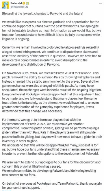《幻兽帕鲁》为诉讼再弃核心玩法！滑翔改变