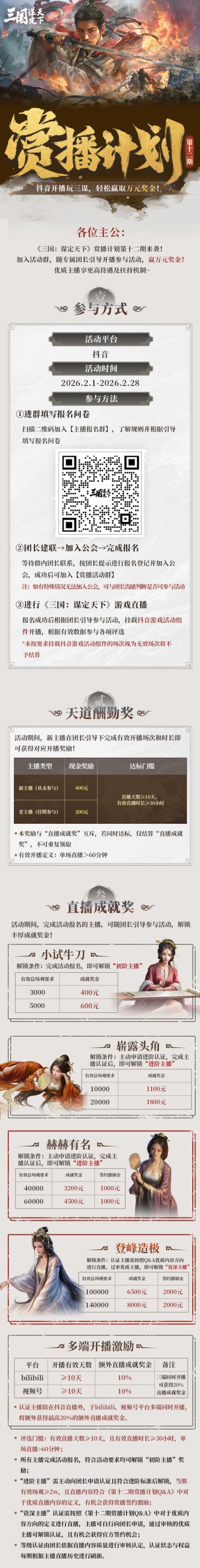 赏播计划 | 第十二期重磅来袭！抖音开播玩三谋，轻松赢取万元奖金！
《三国：谋定天下》赏播计划第十二期即将开启！
加入活动群，随专属团长引导开播参与活动，赢万元奖金！
优质主播享更高待遇及扶持机制~
#三国谋定天下 #三国谋定天下赏播计划 #三国 #SLG