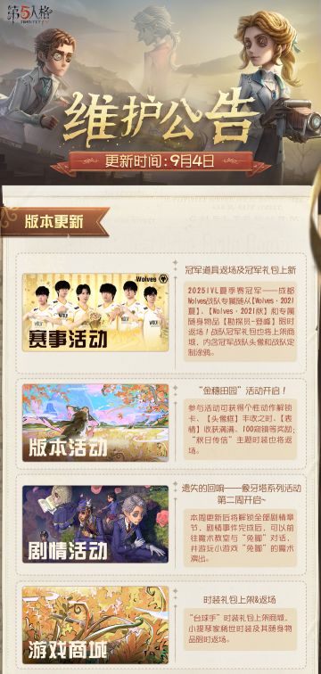 2025年9月4日维护公告划重点版本送达~
“金穗田园”活动开启；冠军道具返场及冠军礼包上新！再次恭喜成都Wolves战队获得2025IVL夏季赛总决赛冠军！
#第五人格维护公告