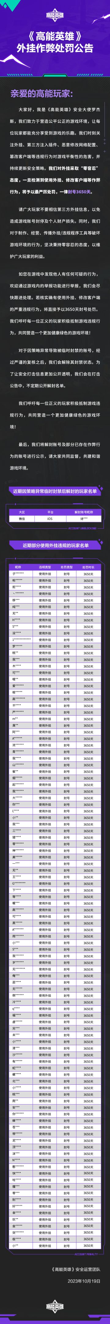 《高能英雄》外挂作弊处罚公告