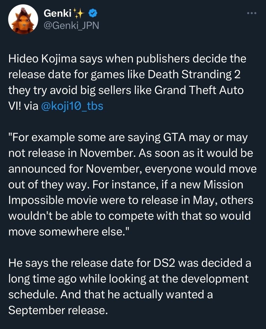 死亡搁浅2也怕GTA6!小岛秀夫为此调整档期 1