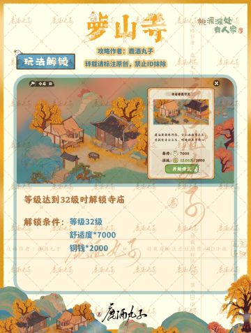 桃源深处有人家·萝山寺玩法攻略 

🌿图1-萝山寺解锁 
🌸等级32级，舒适度*7000，铜钱*2000 

🌿图2-修复建筑 
🌸禅日常·禅缘2级解锁 
🌸禅物坊·禅缘3级解锁 
🌸莲华池·禅缘5级解锁 

🌿图3-藏经室 
🌸进入藏经室，整理每日经书 

🌿图4-整理经书
 🌸移动经书，让托着经书的萝萝从规定的出口出去 

🌿图5-禅缘经验 
🌸整理经书每层+20禅机 
🌸旧木鱼+5-20禅机