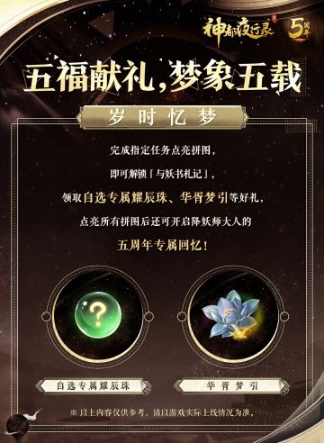 梦象五载，五福献礼之三——「岁时忆梦」来啦！
五年是什么概念呢？
如果说数一根手指就代表一年，那么大人们陪伴神都一路走来的五年时间，已经可以数完一只手，再往后就是一只手都数不过来啦！
不过不用担心！即将开启的「岁时忆梦」活动已经帮大家把珍贵的回忆通通整理好啦，欢迎大人们积极参与，一起畅谈在神都里的点点滴滴吧~
✦ 关于神都，各位大人印象最深刻的记忆是什么？快来下方评论区分享一下吧~
