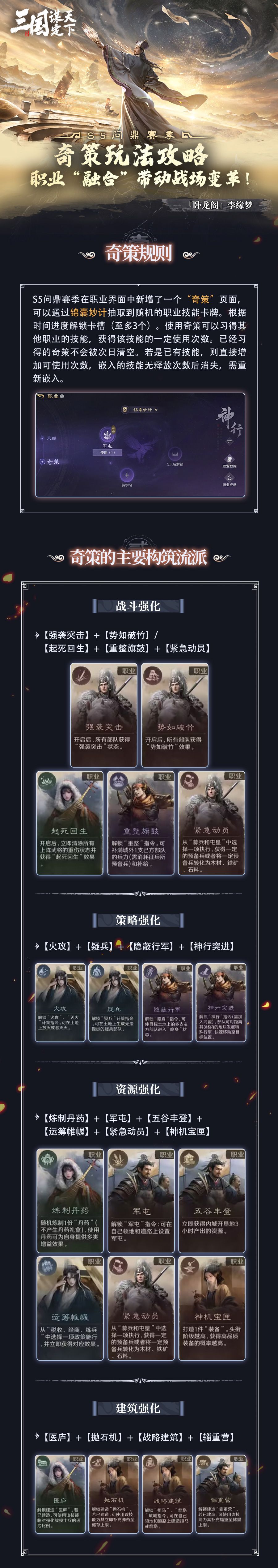 S5问鼎赛季丨奇策玩法攻略，职业“融合”带动战场变革！
各位主公好~S5问鼎赛季我们将迎来全新奇策玩法。巧妙运用奇策进行职业“融合”，便能使战场发生巨大变化！本期来自「卧龙阁」的李缘梦将为大家带来奇策玩法的使用技巧，下面让我们一起看看~截图